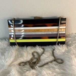 Striped Multi-Color Acrylic Clutch with Gold Chain